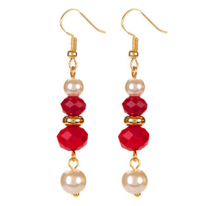Aretes Largos Rojo-Blanco Con Perlas Y Rondeles